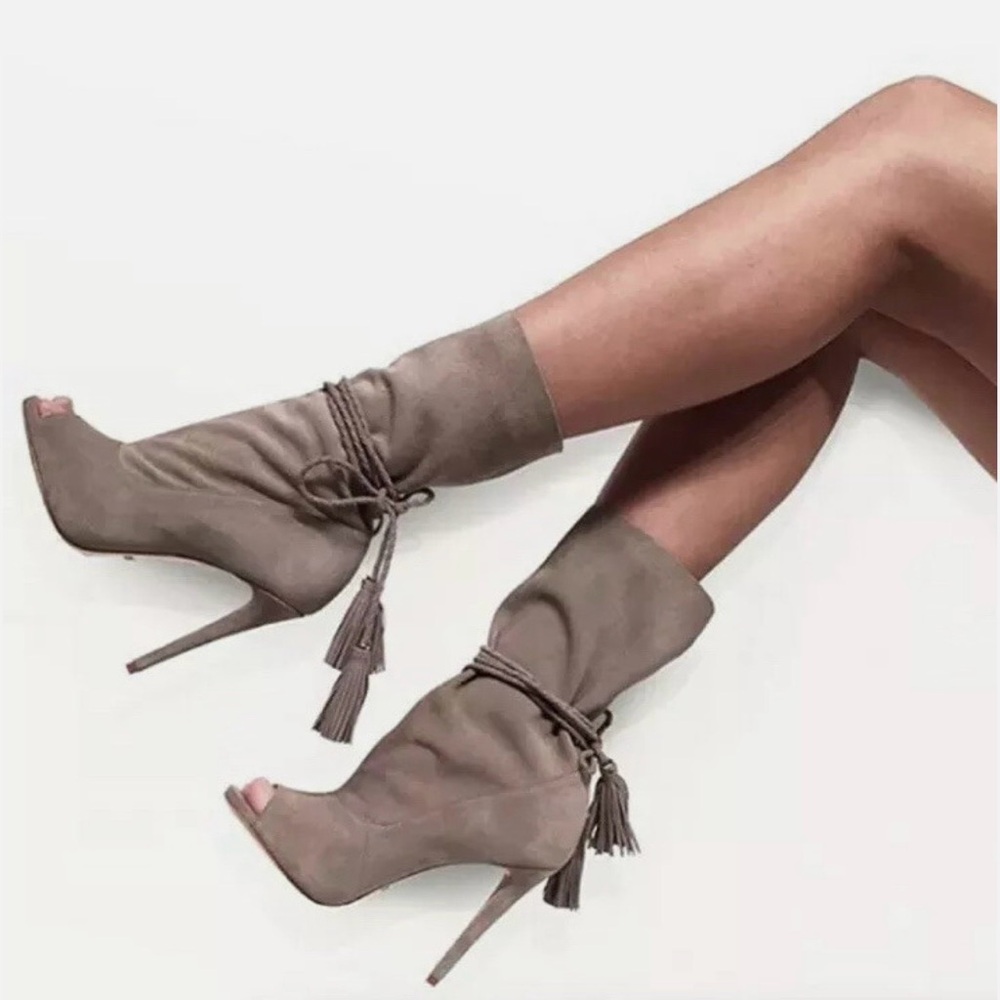 Schutz Jaime Taupe Suede Open Toe Booties